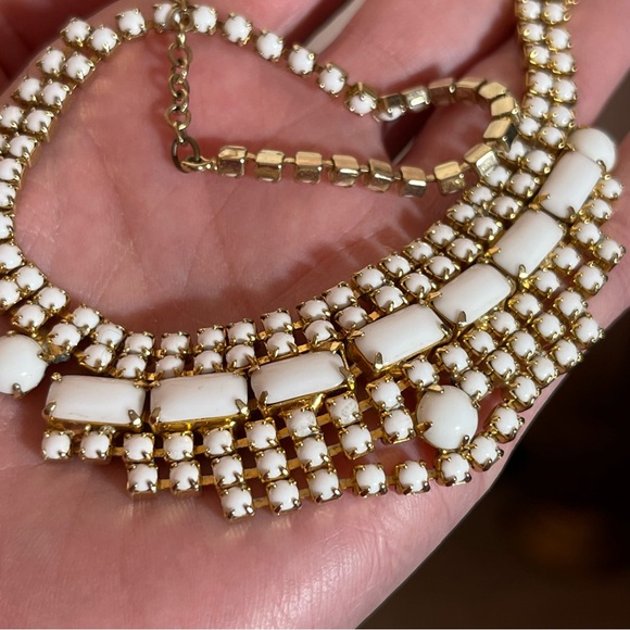 Antique Jewelry - Antique 1940's Retro Art Deco White Milk Glass Emerald Cut Choker Necklace